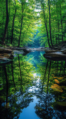  a tranquil forest reflection with still waters and soft, calming colors, © Sung Hwan Kim