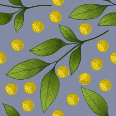 Seamless Big Leafy Branch with Yellow Dots Pattern on Soft Violet Background