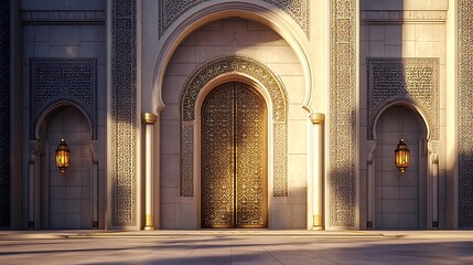 Obraz premium Ornate golden doors in a grand, sunlit Islamic-style building entrance.