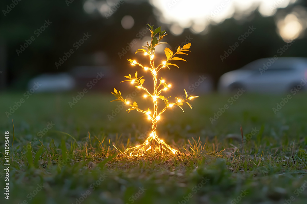 Poster illuminated sapling with warm light string lights in grassy field at sunset.