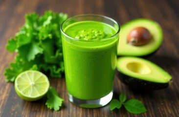 Fresh green smoothie with avocado, lime, and lettuce