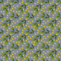 Seamless Leafy Pattern with Yellow Dots on Soft Violet Background