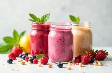 Colorful fresh fruit smoothies in glass jars with berries and mint on table