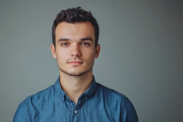 Fototapeta premium Confident Young Man in Casual Denim Shirt Against Neutral Background