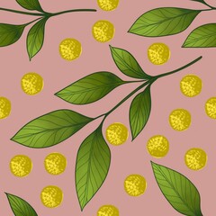 Seamless Big Leafy Branch with Yellow Dots Pattern on Soft Pink Background