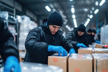 Workers in waterproof jackets and gloves carefully pack boxes on a loading dock during a snowy day.