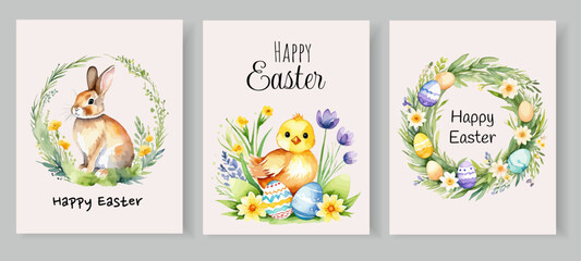 Happy Easter! Vector cute watercolor illustrations of  a Easter Bunny, easter wreath with colorful eggs, little chick in the meadow grass with flowers for greeting card, poster or background