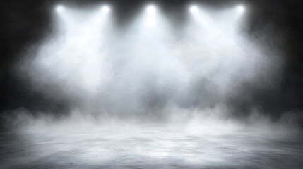Naklejka premium Intense spotlights illuminate foggy concert stage, creating dramatic atmosphere