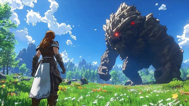 video game female warrior character and monster 