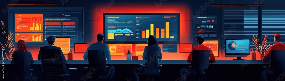 Aufkleber dark and futuristic control room with monitors displaying data and charts for technology or business