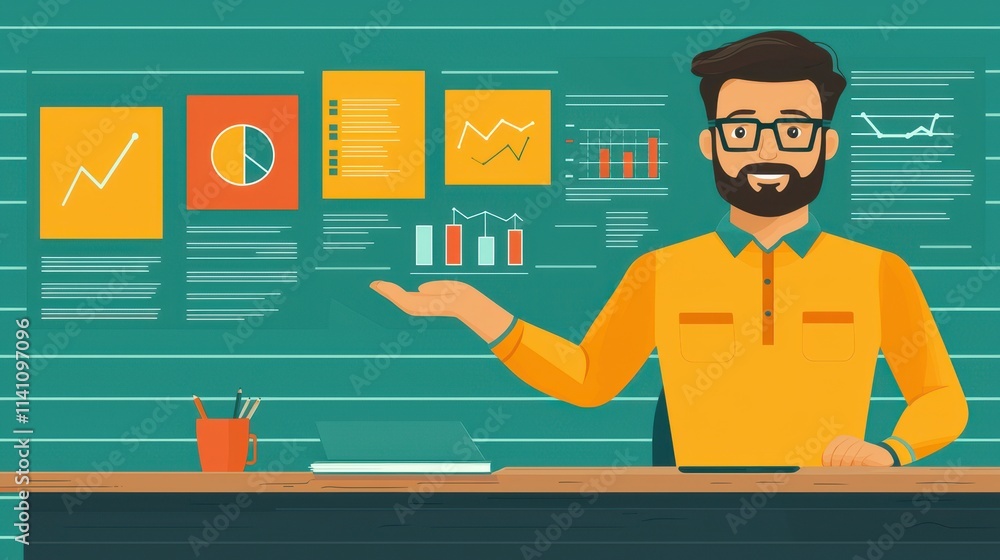 Poster professional male analyst presenting data with graphs and charts in office setting