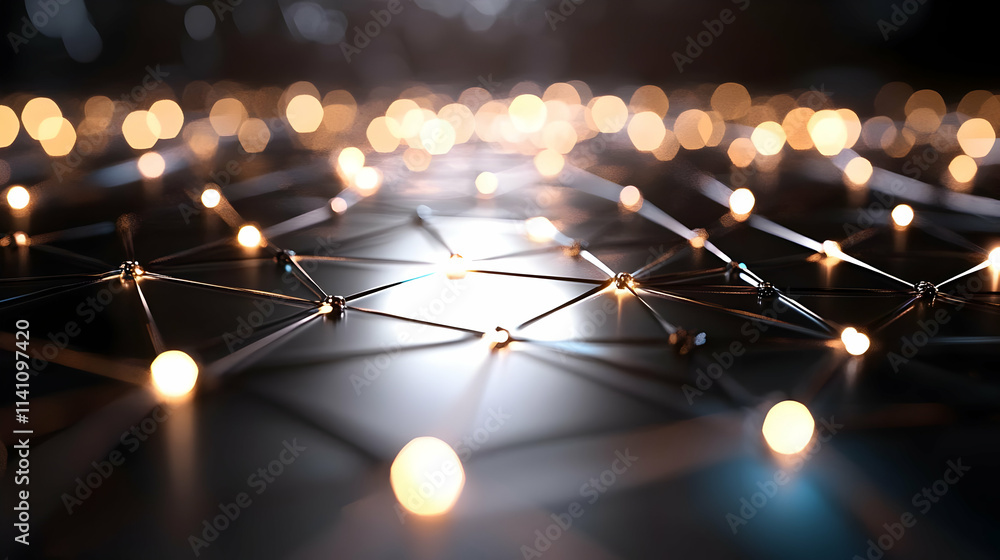 Poster illuminated network nodes connected by lines forming a complex grid, glowing brightly in dark backgr