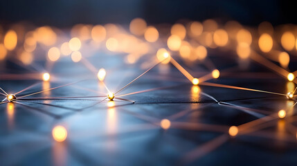 Illuminated network nodes connected by lines on dark surface; abstract technology concept.