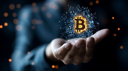 Digital currency symbol glowing in robotic hand, representing innovation and technology in finance