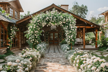 Fototapeta premium wooden house decorated for an outdoor wedding ceremony and an alley to it