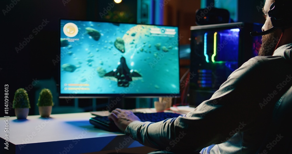 Poster man putting headphones on to play spaceship flying singleplayer game with overlay hud showing health