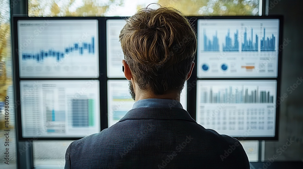 Aufkleber business professional analyzing data trends on multiple digital displays in modern office environmen