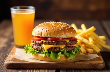 Double cheeseburger with lettuce, tomato, and fries on wooden board with glass of juice