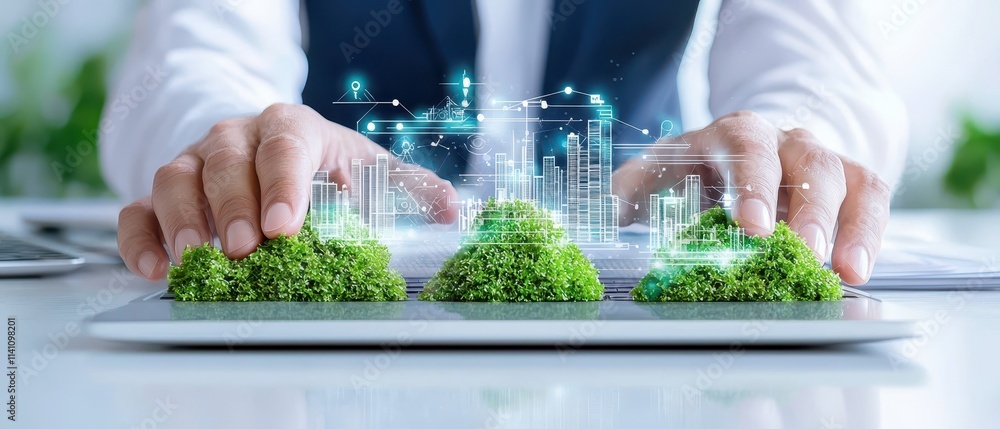 Aufkleber hands on greenery with digital architecture concept for sustainable urban development and innovation