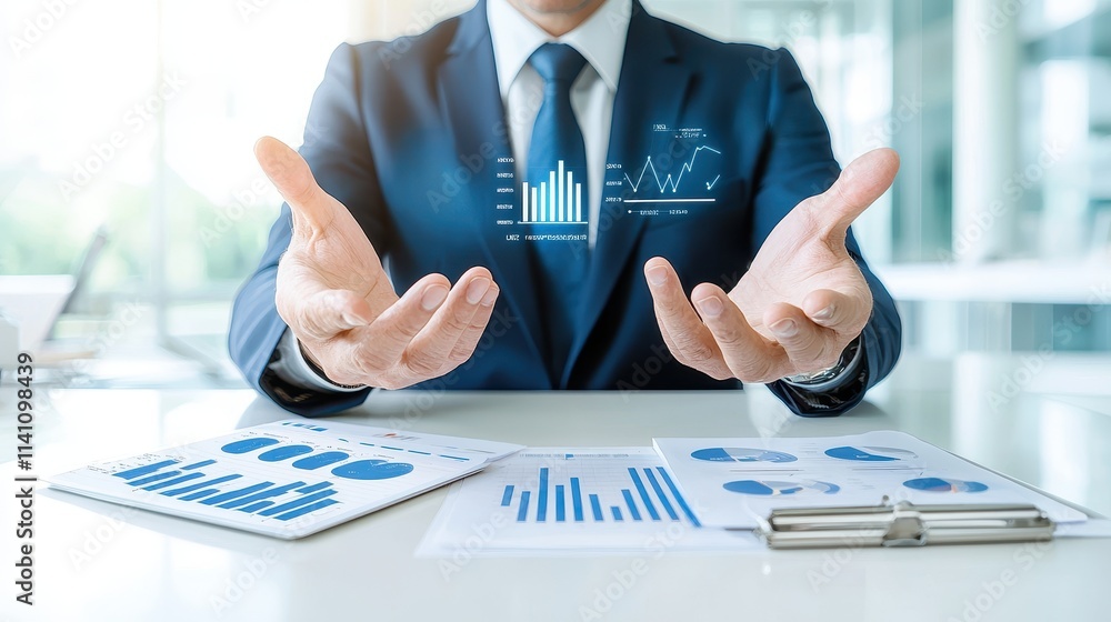 Poster businessman presenting data visualizations with charts and graphs in modern office environment