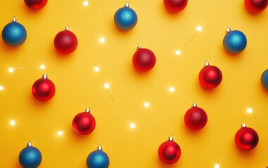 A vibrant holiday backdrop with colorful LED lights and bold red and blue baubles arranged symmetrically on a bright yellow surface