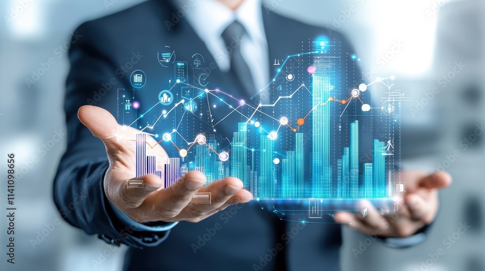 Poster businessman presenting digital graph visuals and data analysis in modern office environment