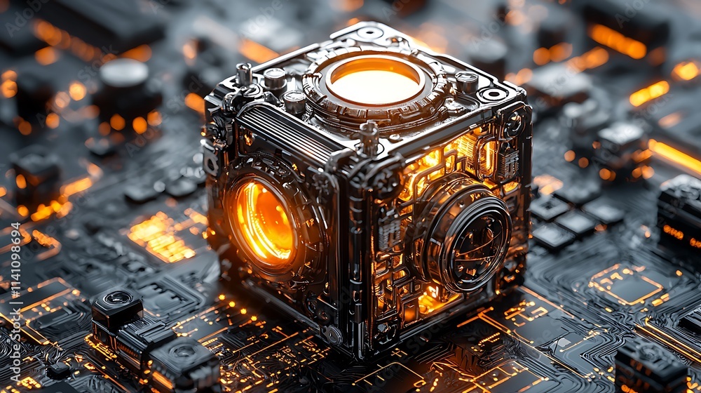 Poster glowing metallic cube on circuit board.