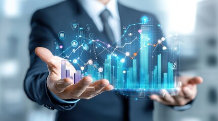 Businessman Presenting Digital Graph Visuals and Data Analysis in Modern Office Environment