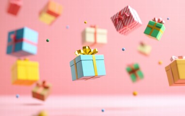 A vibrant holiday scene with colorful wrapped gifts floating dynamically over a pastel pink surface
