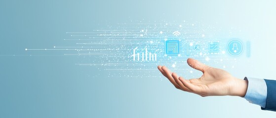 Futuristic Hand Reaching Out with Digital Icons Representing Technology, Connectivity, and Innovation Concepts