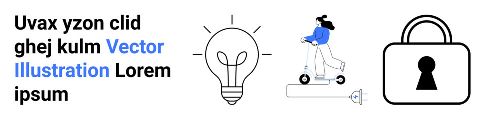Person riding a scooter, light bulb, and a lock. Ideal for creativity, innovation, transportation, mobility, security technology inspiration freedom safety modern ideas. Landing page