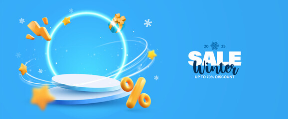 Stage podium vector illustration. Round pedestal with percentage and flash icons with wind effect and neon ring on blue background. Discount offer, sale template