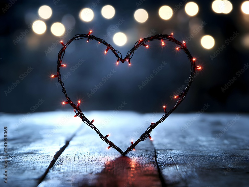 Poster romantic heart-shaped string lights on rustic wooden surface with bokeh background.