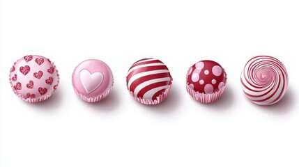 Fototapeta premium Wrapped Valentine candies with vector patterns, pink and red colors, isolated white background