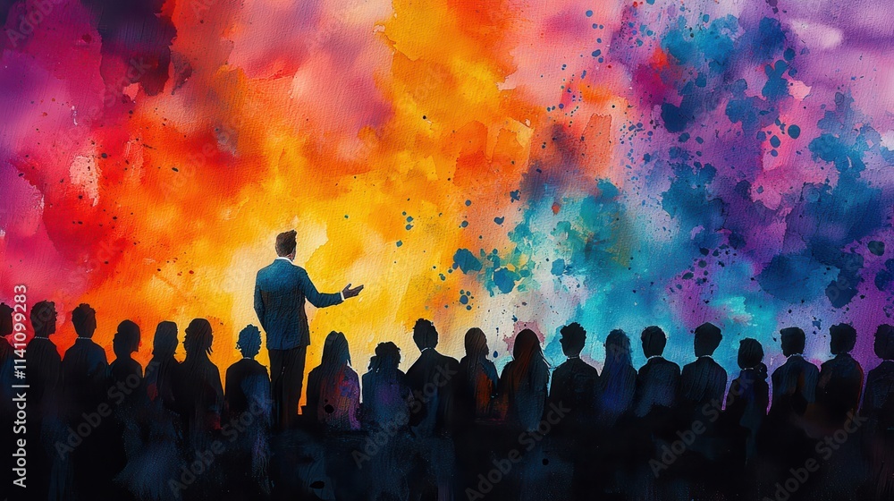 Poster inspirational speaker addressing diverse audience with vibrant abstract background of colors and sha