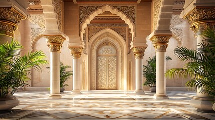 Sunlit Arabian palace courtyard with ornate arches, columns, and plants.