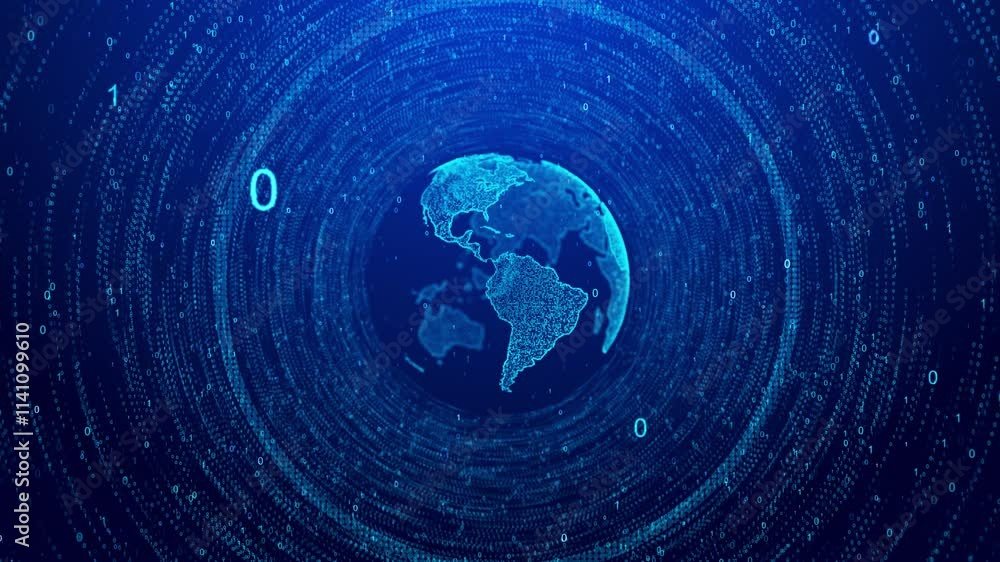 Poster 3d futuristic rotating world globe in particles or small dots. modern technology background for broa