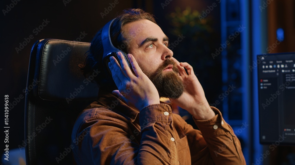Poster cheerful programmer listening music while doing web development during remote job shift in neon lit 