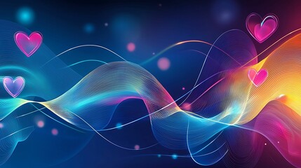 Valentine's Day cards printable. A vibrant digital artwork featuring flowing waves of color with heart shapes, creating a romantic and energetic atmosphere.