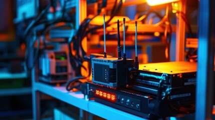 A detailed image of a wireless alert transceiver with antennas jutting out and LEDs glowing perched on a shelf amidst various technical equipment in a factory environment.