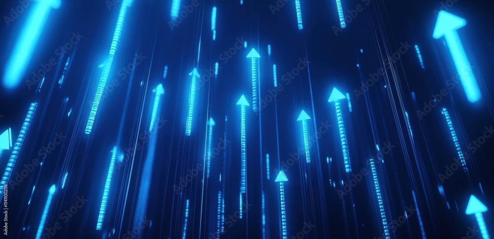 Poster a dark blue background with glowing arrows pointing upwards, representing growth and progress in bus