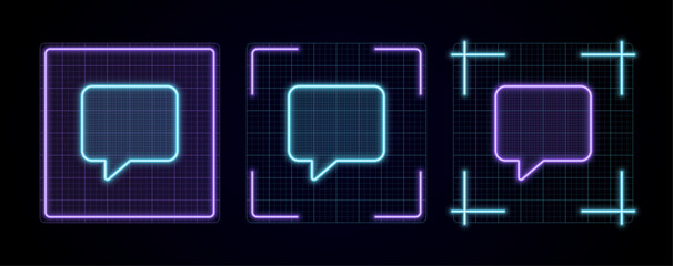 Chat comment icon illustration, cyber neon visual, glowing border grid vector.