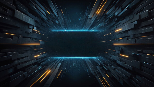 Dynamic abstract futuristic tunnel with glowing lines and dark textures