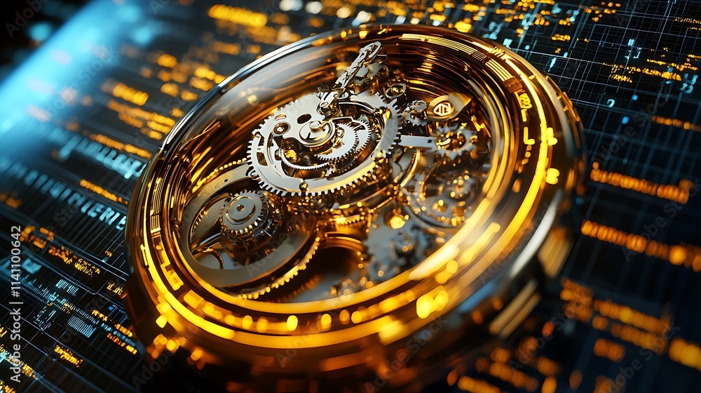 Aufkleber golden clockwork mechanism on digital background.