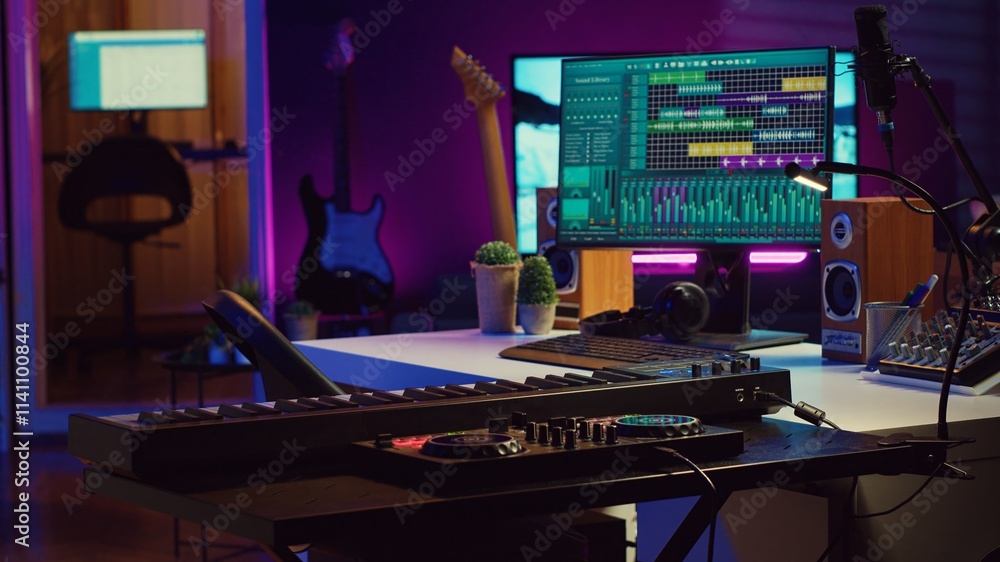 Poster Creative space used at recording songs and tunes with daw software, various electronic equipment and tools for mix and master performance. Empty home studio with mixing panel and amplifier. Camera A.