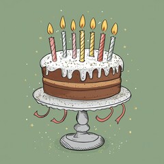 Cartoon-Style Festive Birthday Cake Stand with Candles and Golden Stars