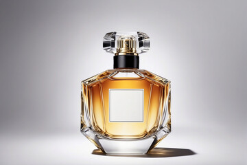 Elegant perfume bottle with golden liquid displayed on neutral background