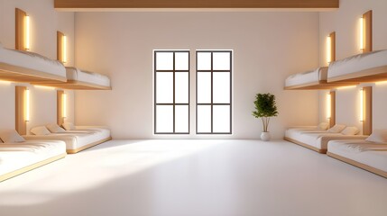 Modern hostel dormitory with neatly arranged bunk beds, each with personal lighting and storage, minimalist decor, large windows offering natural light