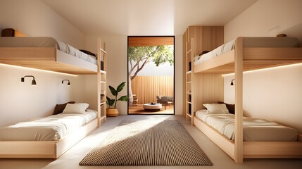 Modern hostel common room with minimalist furniture, cozy bunk beds, soft lighting, and vibrant wall art, perfect for relaxing and socializing