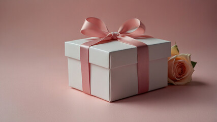 Obraz premium White gift box with pink ribbon and a delicate pink rose placed beside it on a soft pink backdrop. Perfect for love filled celebrations like Valentine’s and anniversaries